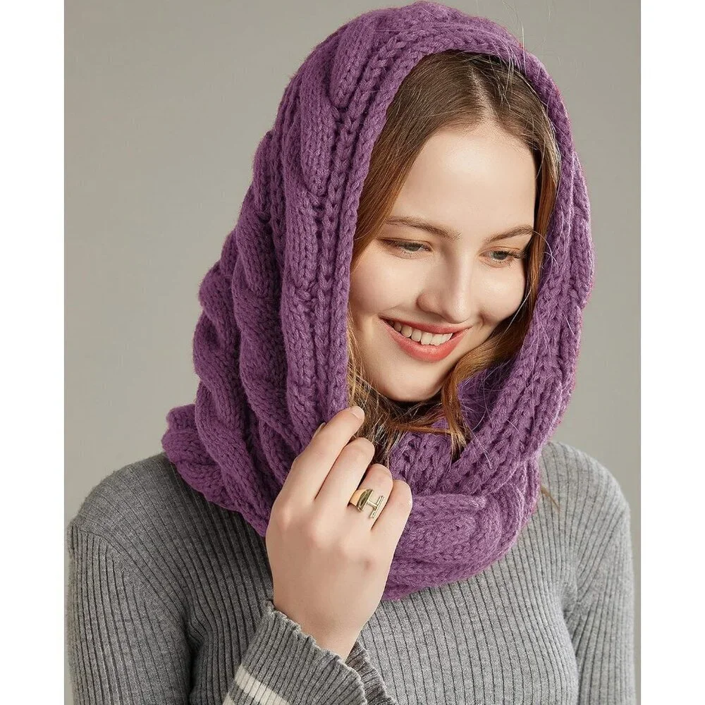 Women's  Twist Grape Purple Thick Ribbed Knit Winter Infinity Circle Loop Scarf